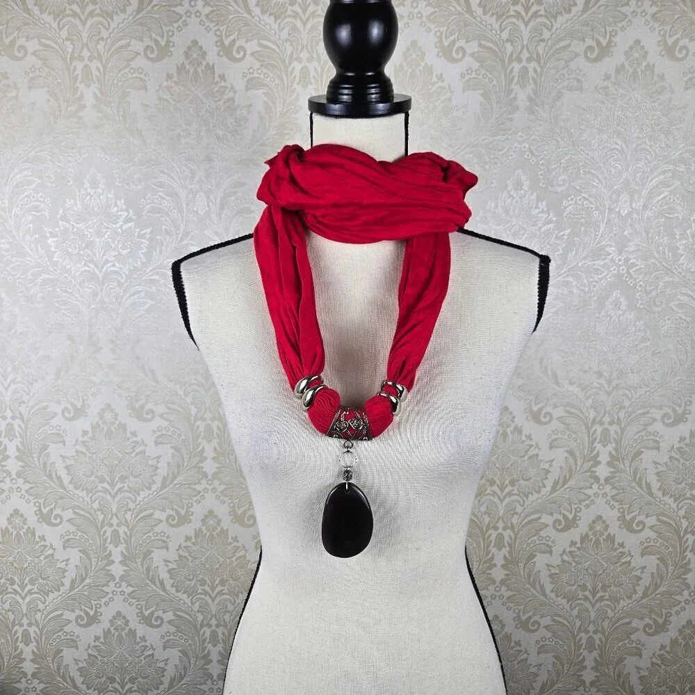 Red Infiniti Style Versatile Scarf Silver & Black Toned Jewelry Embellishments